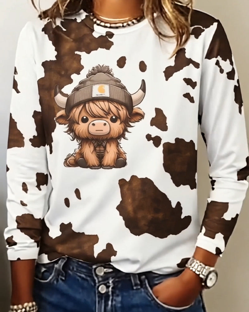 Haut Imprimé Animal Col Rond Manches Longues