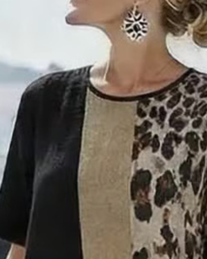 Robe Imprimé Léopard Patchwork Manches Courtes