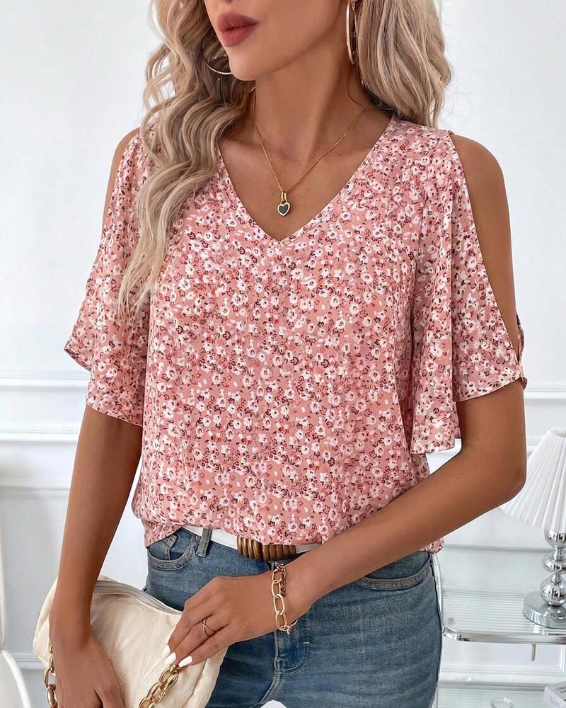 Blouse Col V Florale Off-Shoulder Manche Papillon