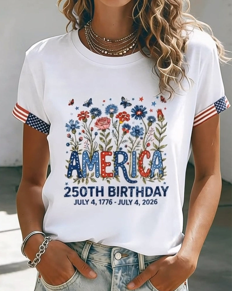 T-Shirt Col Rond Lettre Coloré Imprimé Floral