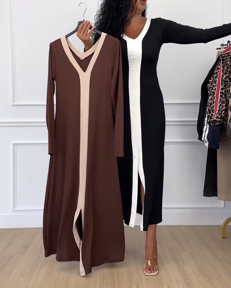 Robe élégante fendue à col en V de couleur contrastée