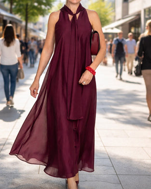 Robe Col Claudine Maxi Jupe Unie Léger Chiffon