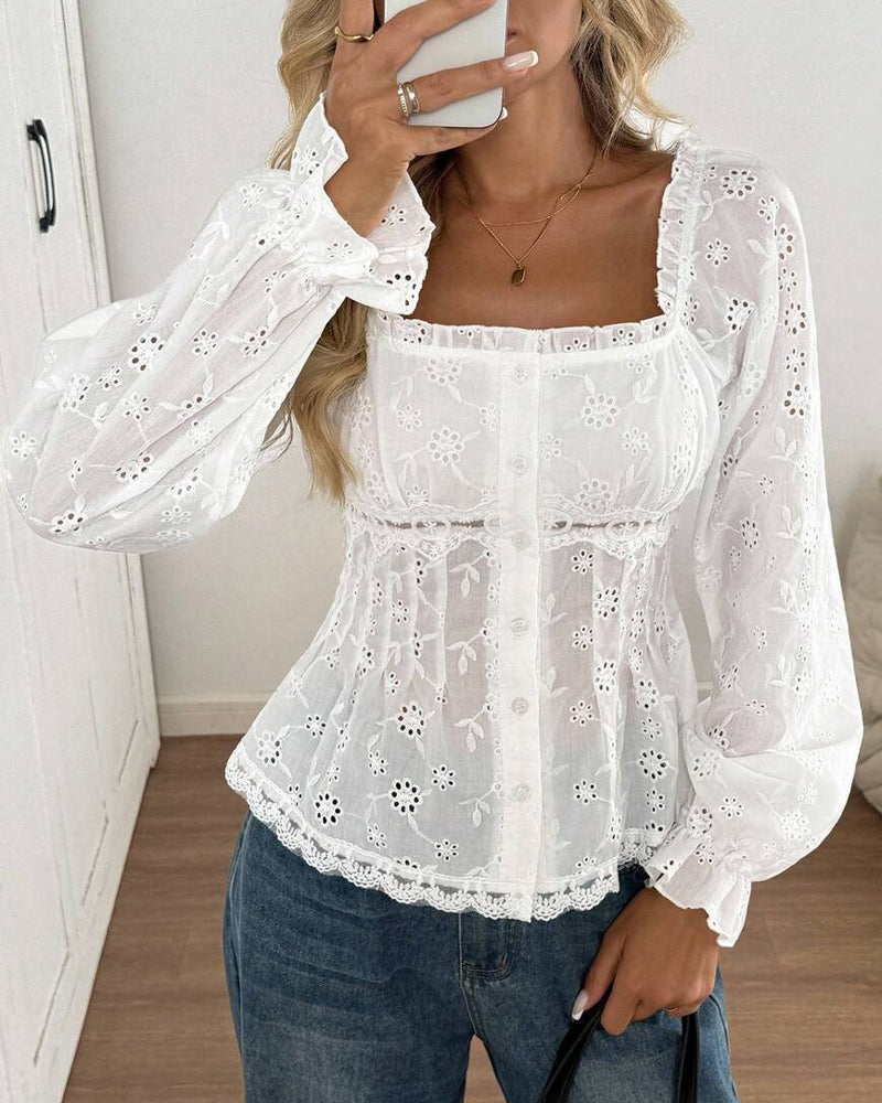 Blouse Col Carré Dentelle Garniture Découpé Manche Ballon