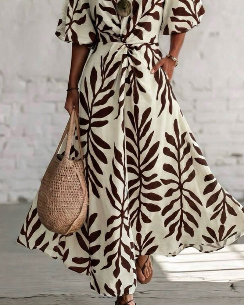 Robe Une-Épaule Motif Feuilles Taille