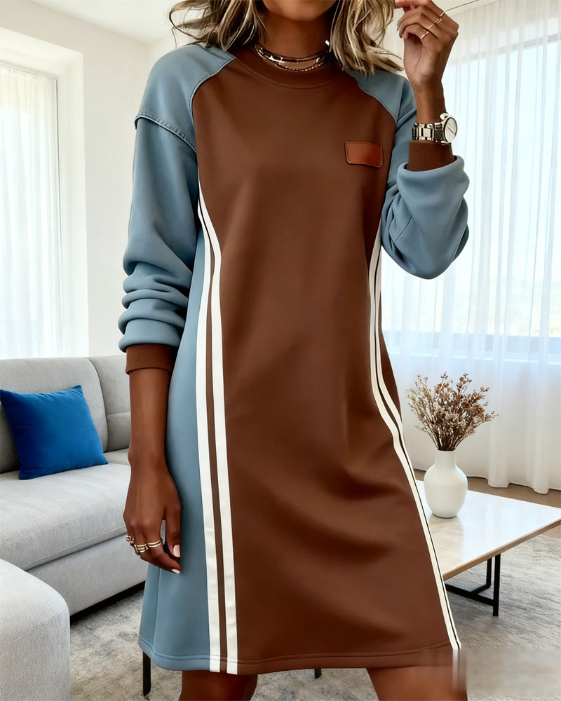 Robe Manches Longues Panachage Col Rond Droit