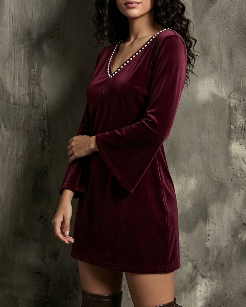 Robe Col En V Manche Évasée Manches Longues
