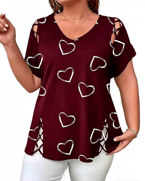 T-Shirt Motif Cœur Ajouré Manches Courtes