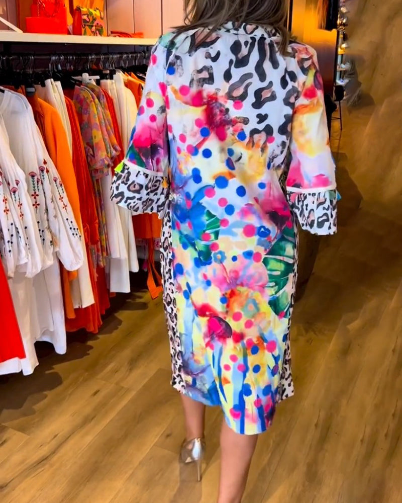 Robe midi à col V et imprimé léopard