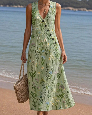 Robe Bouton Diagonal Sans Manches Col En V Fleurie
