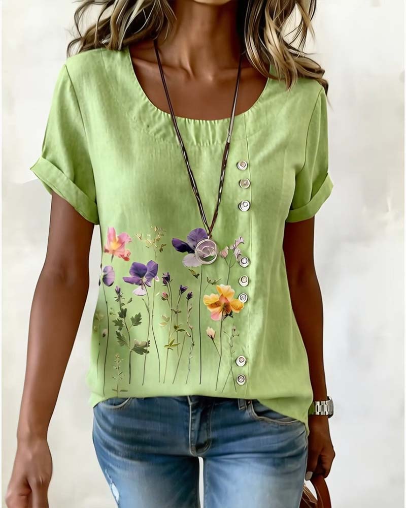 T-Shirt Floral Imprimé Col Ras Manche Courte