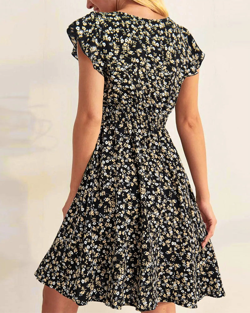 Robe Col Rond Élastique Fronçage Fleuri