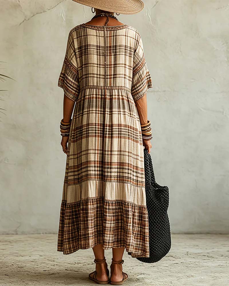 Robe Col V Carreau Patchwork