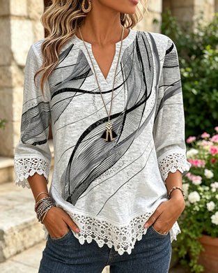 T-Shirt Imprimé Abstrait Ourlet Dentelle