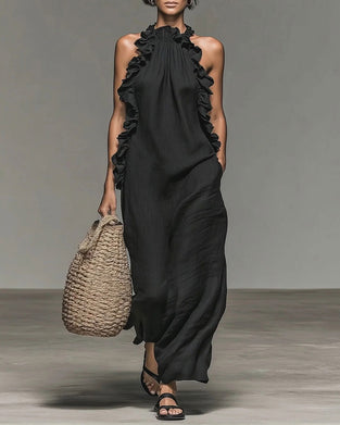 Robe Col Nuque Volantée Longue