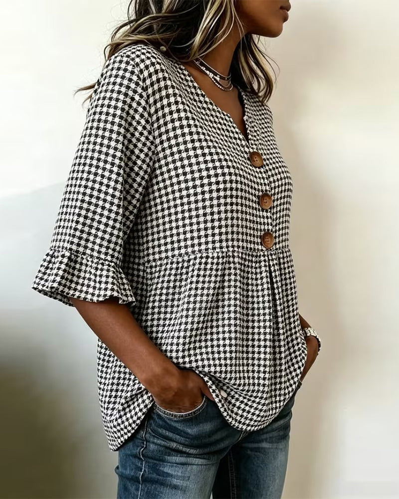 Blouse Pied-De-Coq Trois Boutons Décontractée
