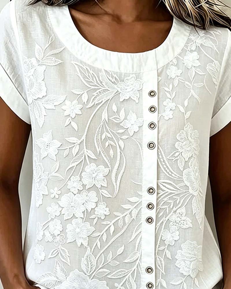 Blouse Fleurie Bouton Col Rond Manches Courtes