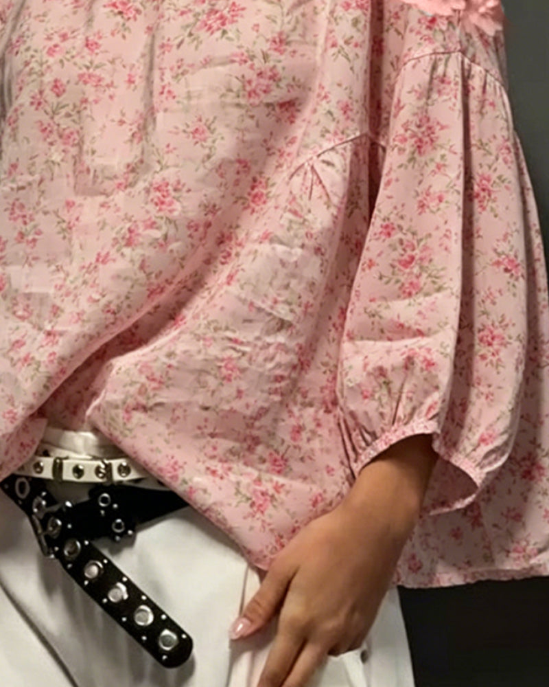 Blouse Col Rond Off-Shoulder Floral Lâche