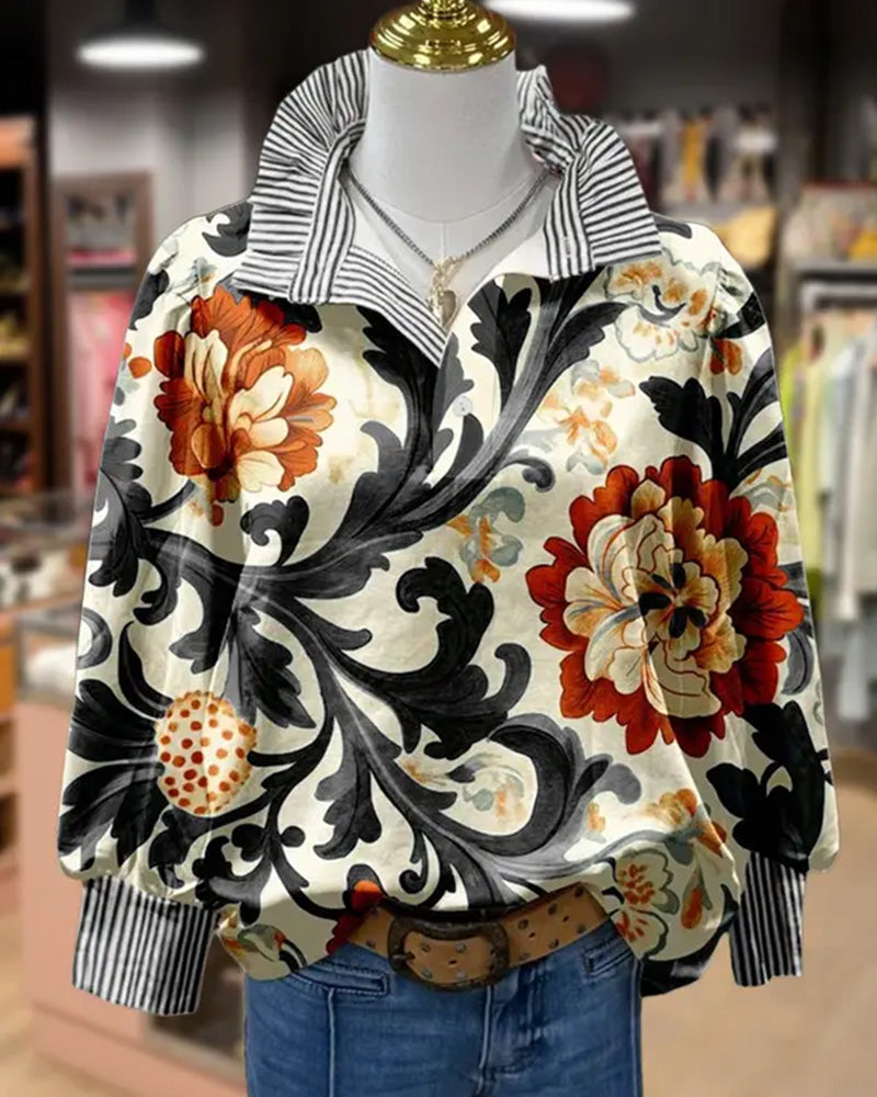 Blouse Vintage Fleurie Patchwork Rayée Col