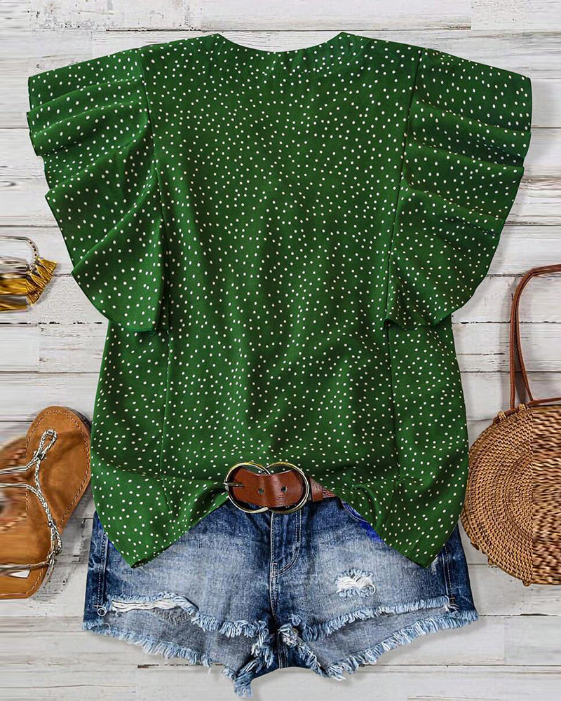 Blouse Manches Volants Col V Pois