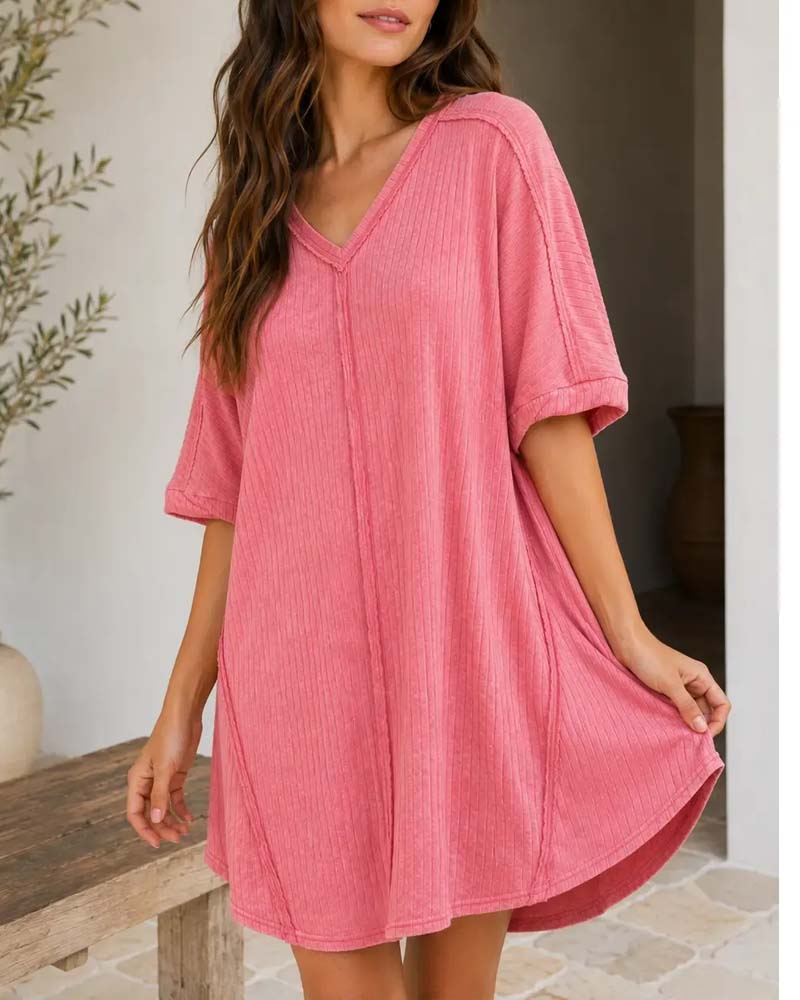 Robe Col V Unie Décontractée