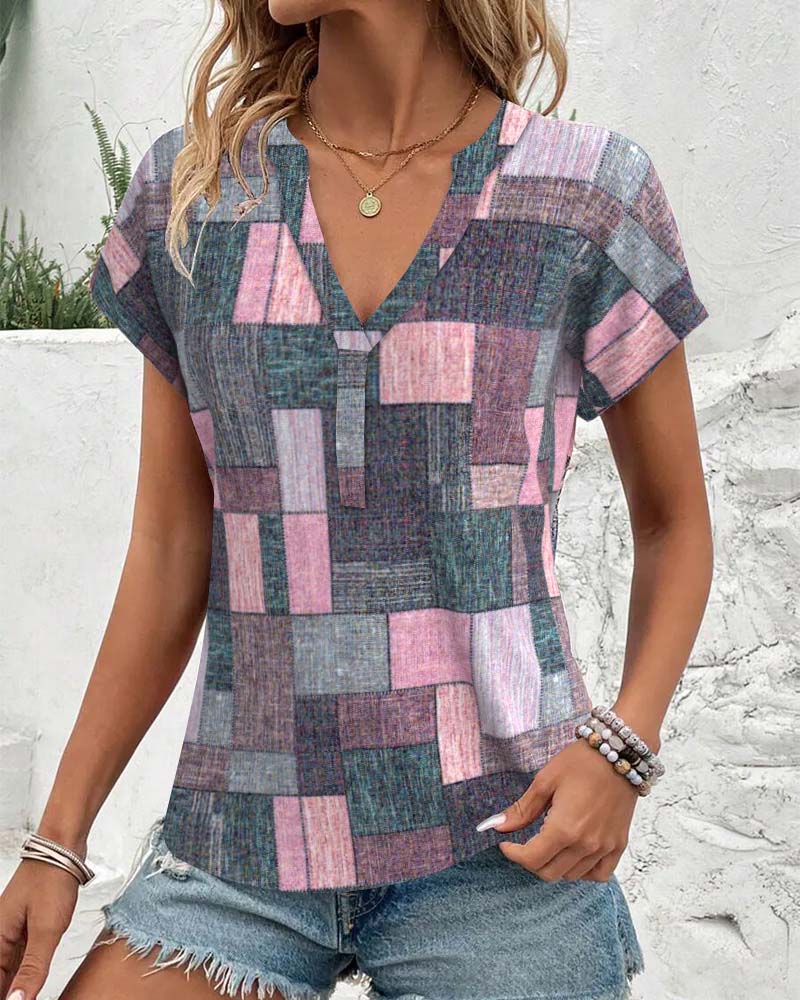 Blouse Décontractée à Carreaux Col en V