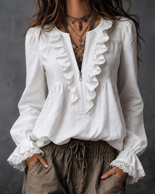 Blouse À Fermeture Éclair Et Manches À Volants