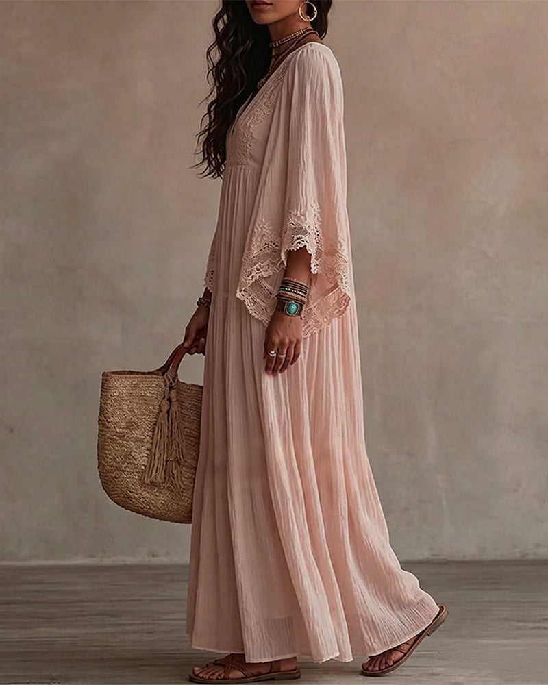 Robe Col V Dentelle Patchwork Unie