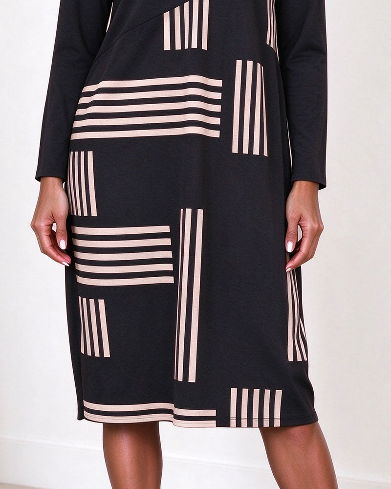 Robe Géométrique Rayé Col En V Manches Longues
