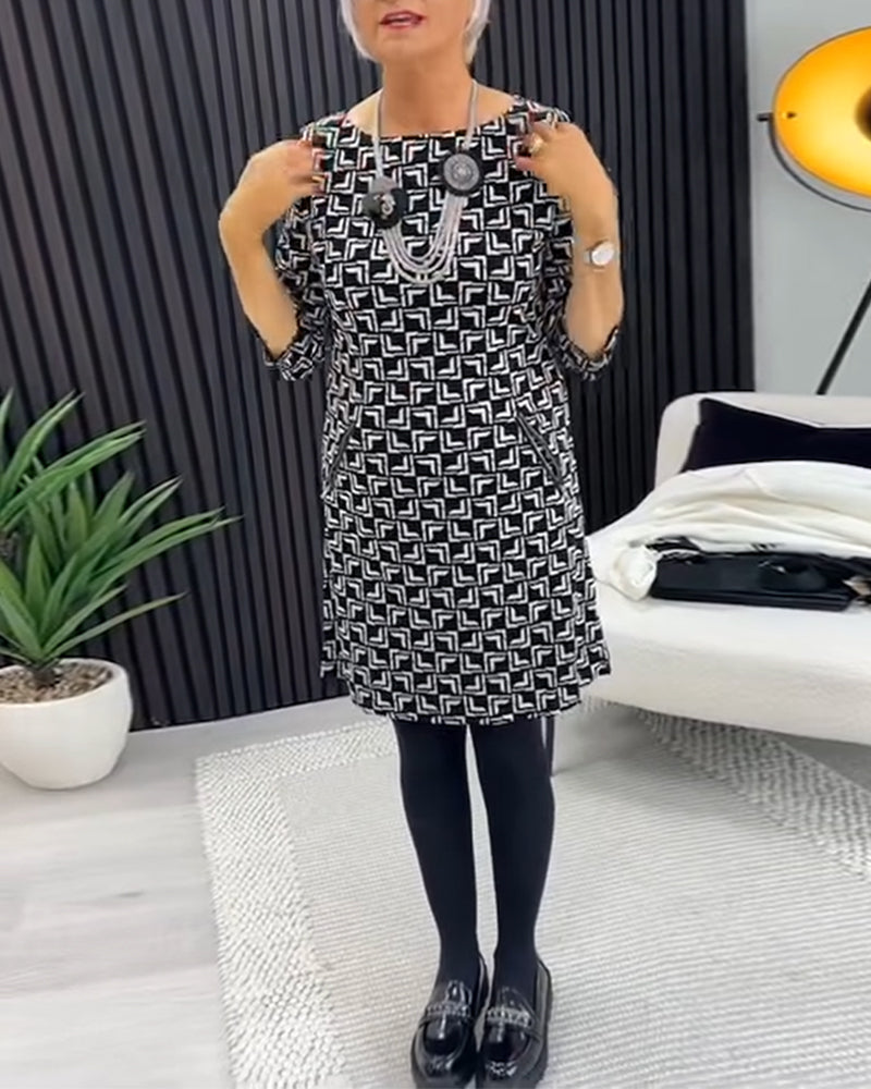 Robe à poches à col rond et imprimé géométrique rétro
