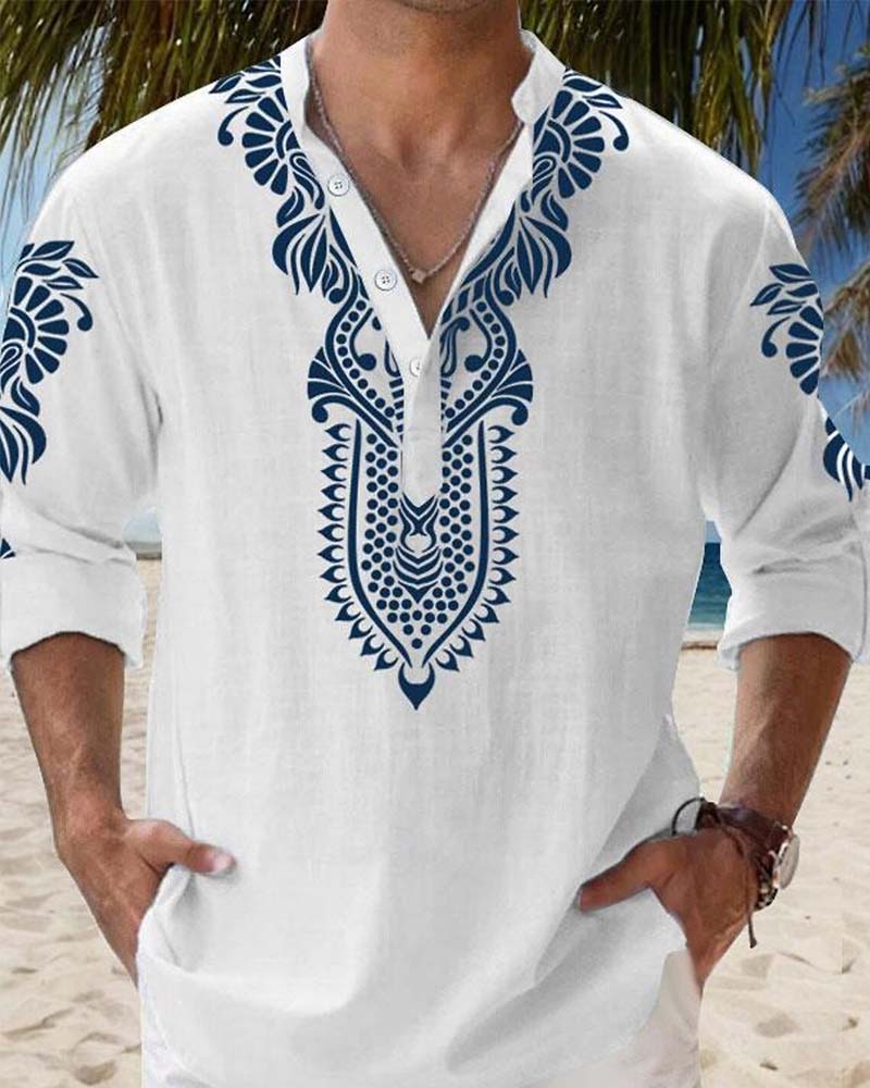 Chemises Ethnique Bleu Imprimé Col Mandarin