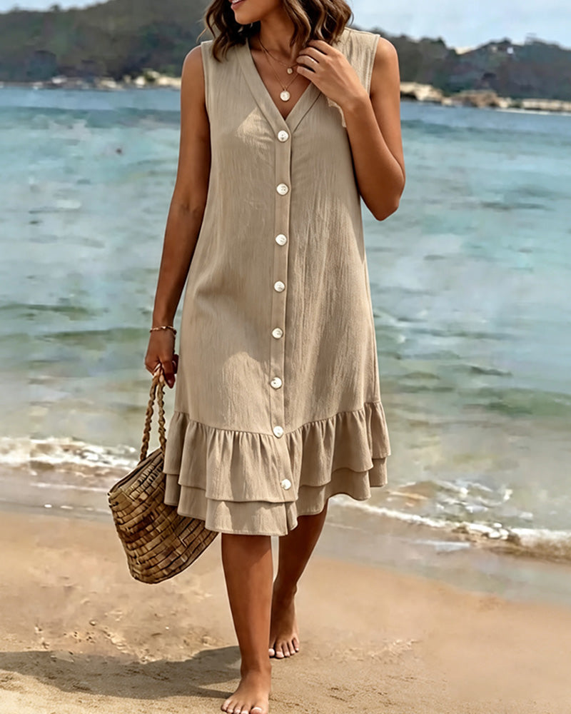 Robe Col En V Sans Manches Double Couche Volant