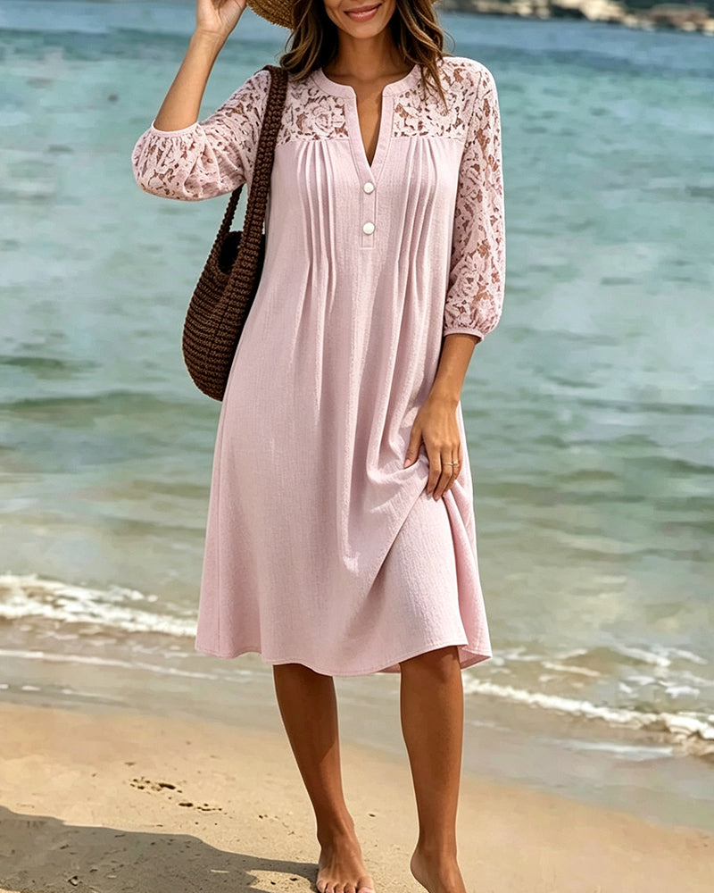 Robe Col En V Évidé Froncé Dentelle