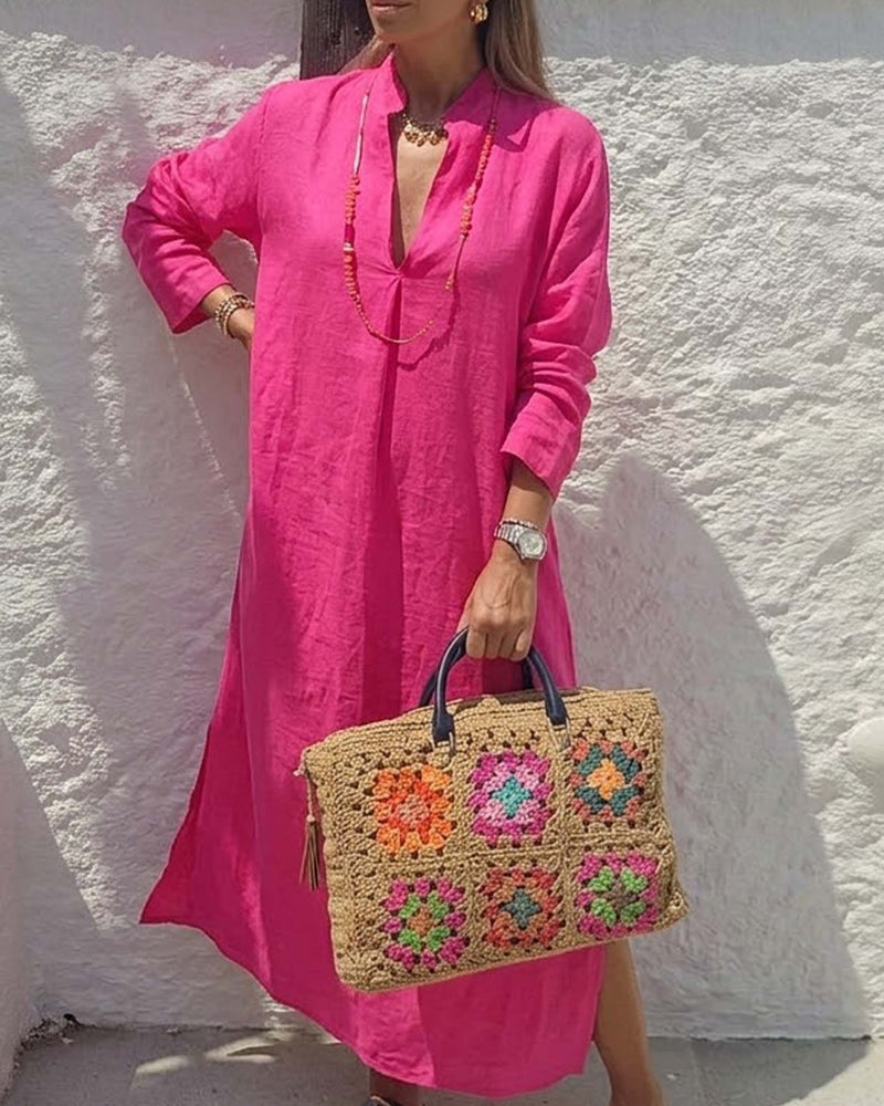 Robe Avec Col V Petit Col Montant Fente Manches Longues