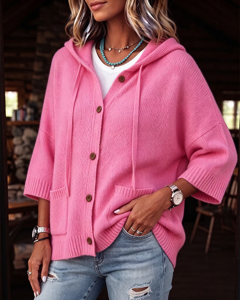 Cardigan Manche Coude Capuche Boutonnage Simple