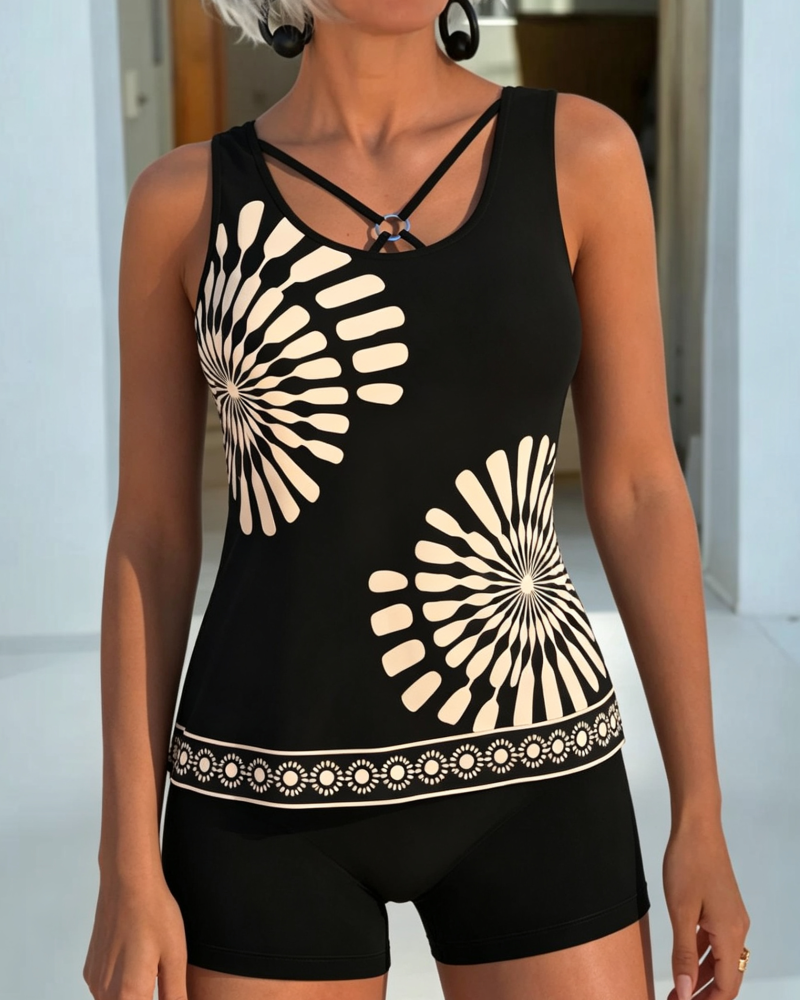 Tankini Imprimé Géométrique Croisé Attacher