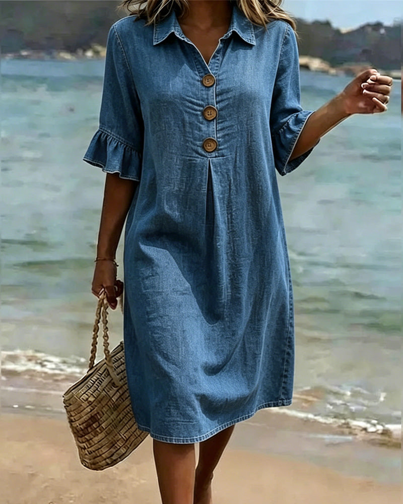 Robe Denim Manches Volantées Chemise