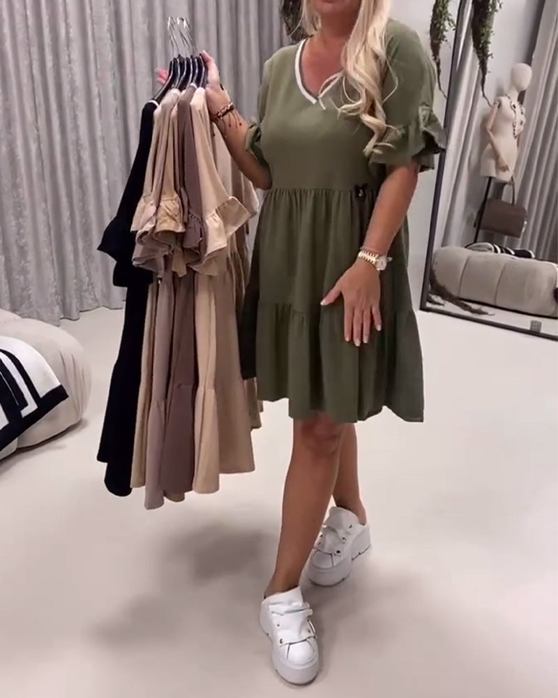 Robe Col En V Manche À Volants Coupe A