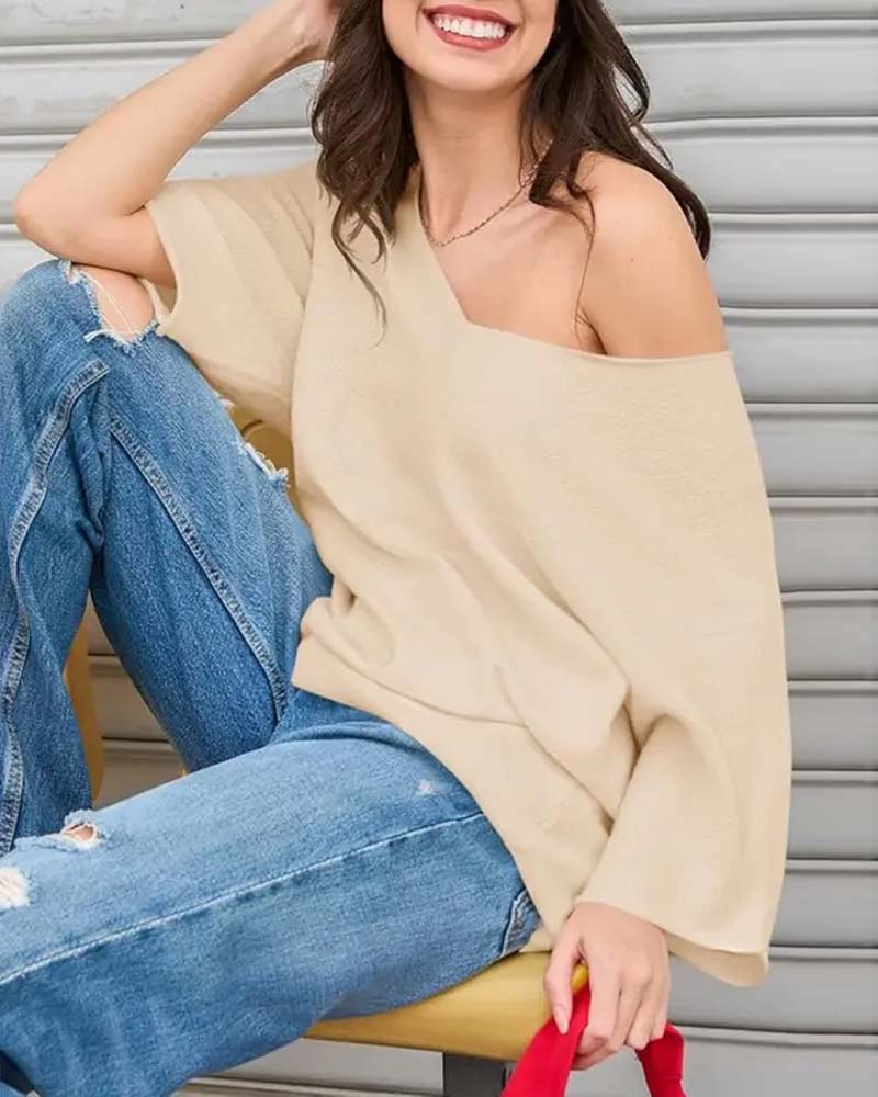 T-Shirt Col V Manche Chauve-Souris Unie