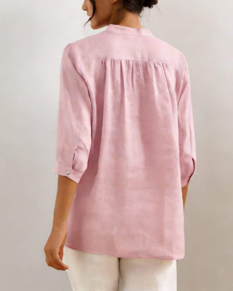 Blouse Décontracté Coton Uni Couleur Col en V