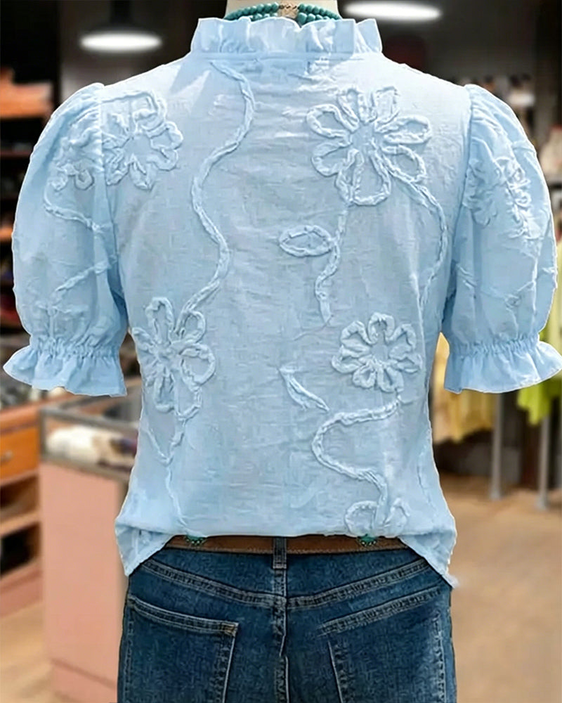 Blouse Col En V Bordure Volantée Manche Bouffante