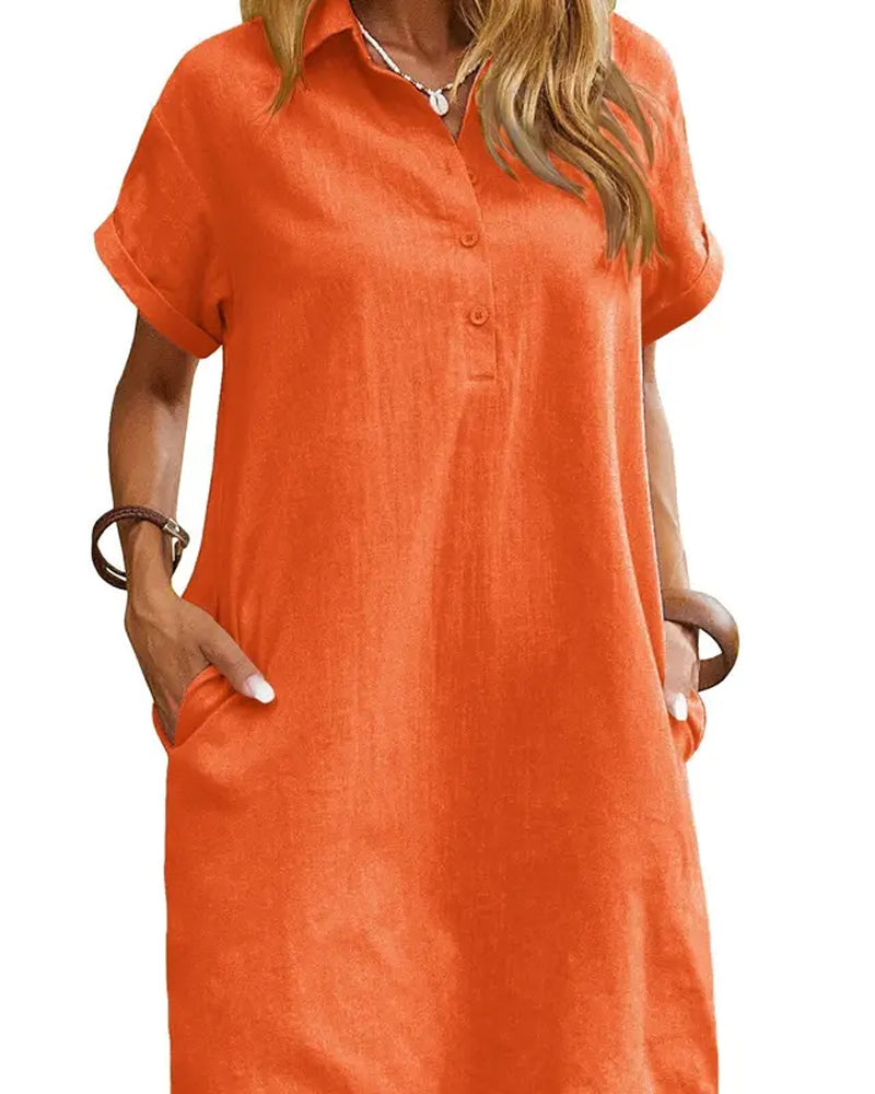 Robe Col Bouton Fente Manches Courtes Décontractée