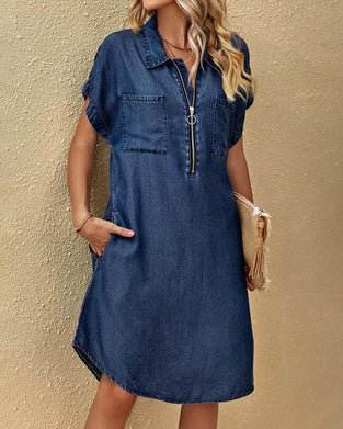 Robe Fermeture Éclair Col Manches Courtes Chemise