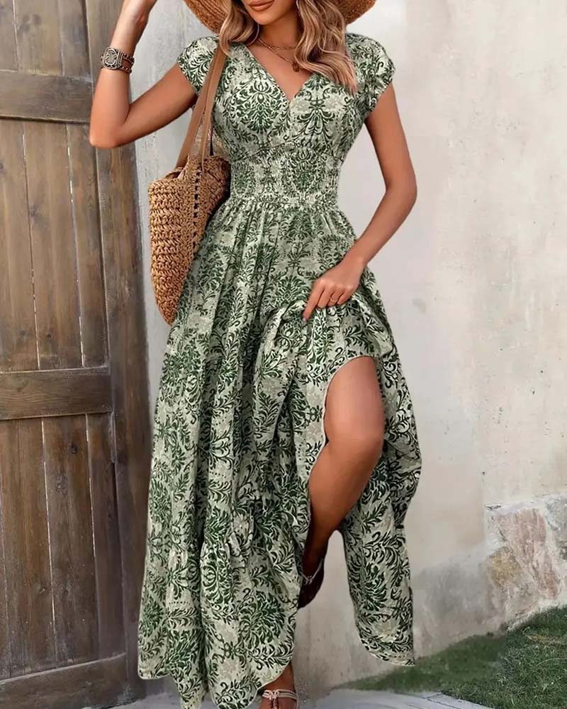 Robe Rétro Imprimé Col En V Taille Cintrée Longue