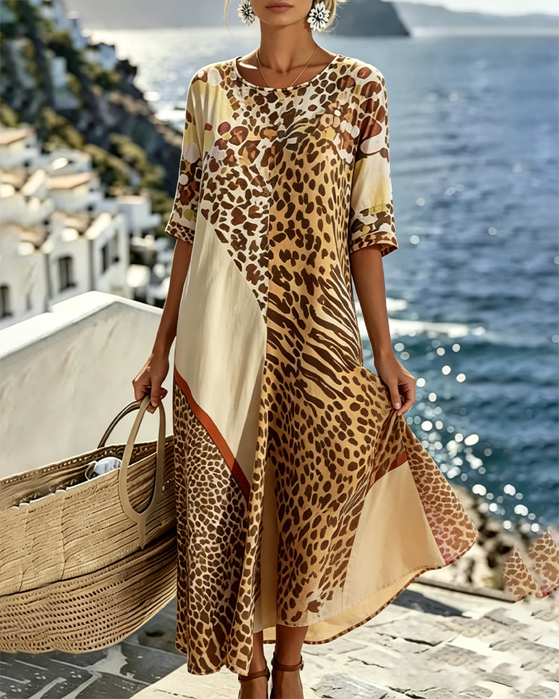 Robe Léopard Imprimé Col Rond Patchwork