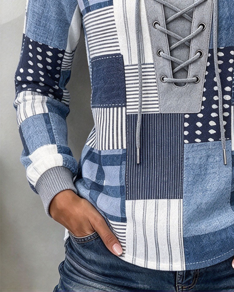 Sweat Lacé À Carreaux Manches Longues Slim