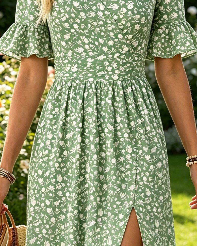 Robe Taille Attache Florale Volanté Fente