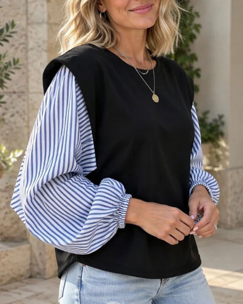 Sweatshirt Rayé Manche Longue Patchwork