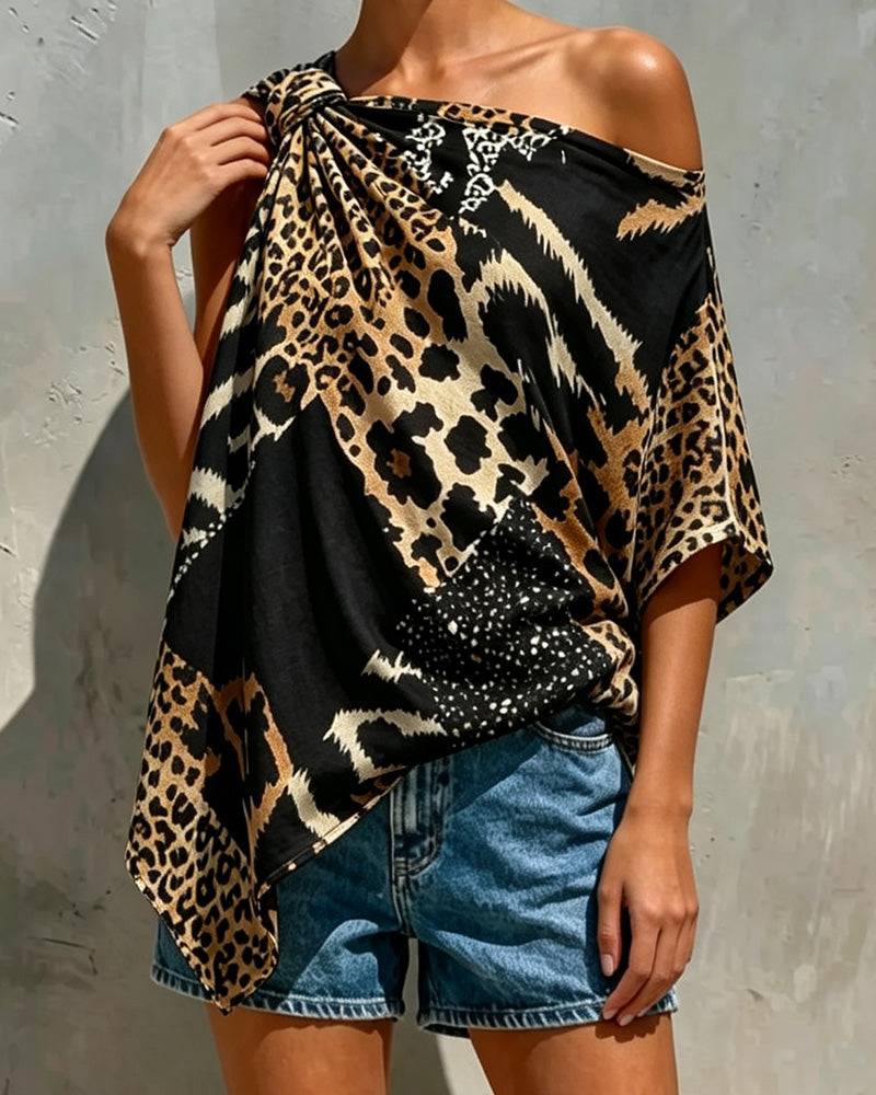 Blouse Imprimé Léopard Patchwork Une Épaule