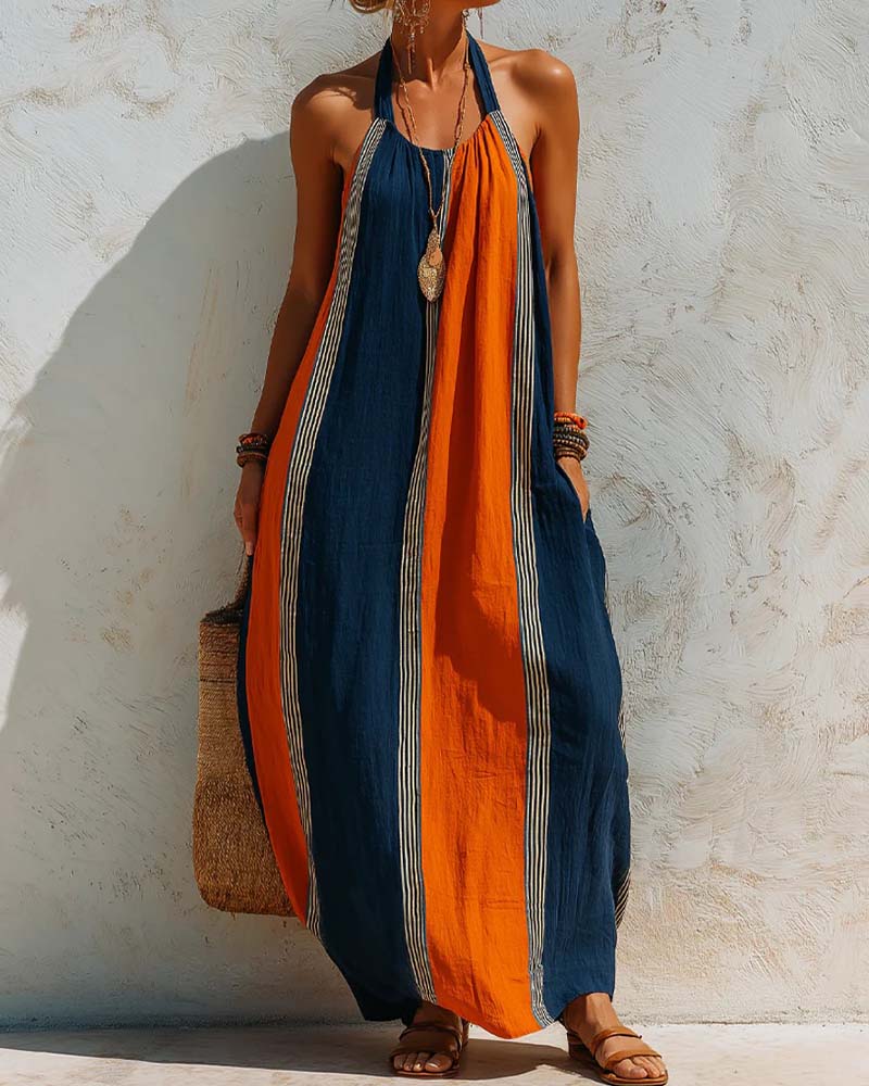 Robe Bloc De Couleur Rayure Verticale Halter