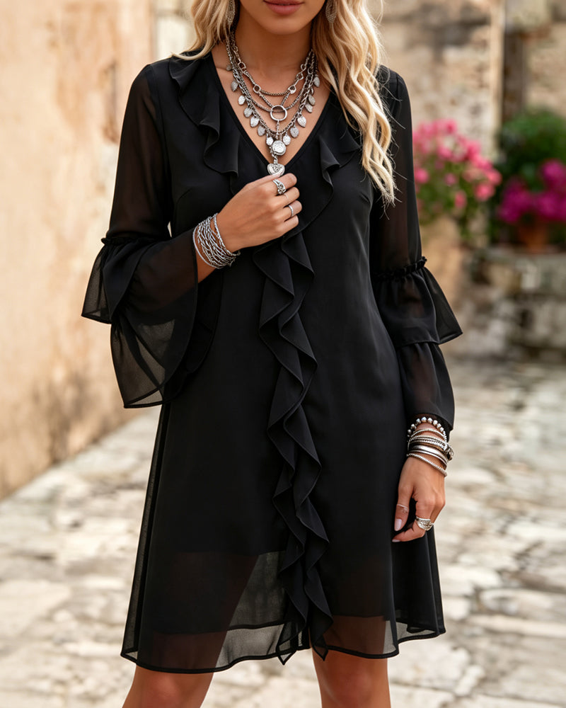 Robe Ruffle Manche Évasée Col V